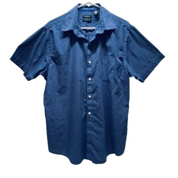 Van Heusen Shirt Men's Large Short Sleeve Classic Fit Button Down Navy Grid EUC - Picture 1 of 5